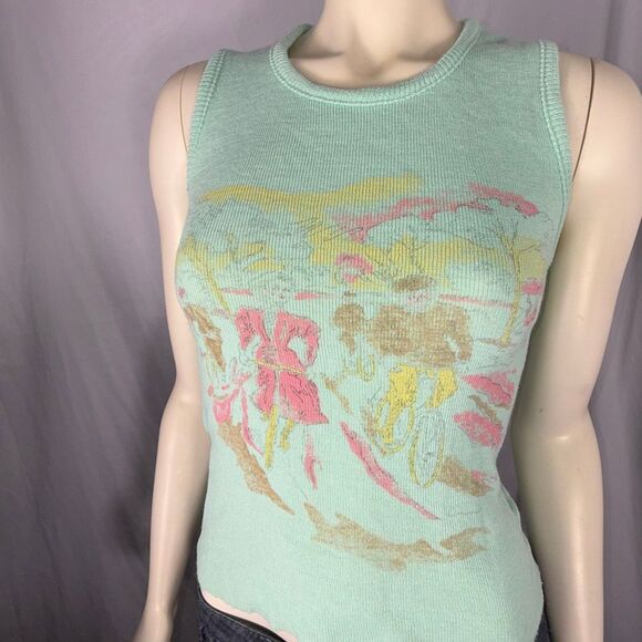 Vintage 1960s Mint Green Novelty Knit Tank Top | Scenic Bicycle Print Sleeveless - Picture 3 of 14